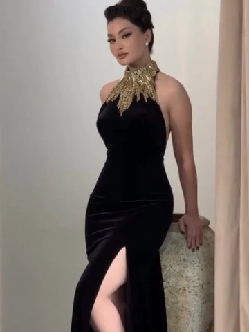 Golden Beading Women Sexy Off the Shoulder Bodycon Long Bandage Dress Fashion Celebrate Evening Party Outfit