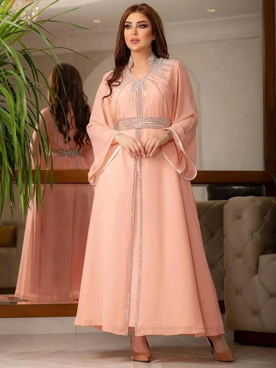 Arab Robe Fashion Middle East Muslim Kaftan Dubai Hot Fix Diamond Party Evening Dresses for Women Notched Stand Collar Yellow Dress