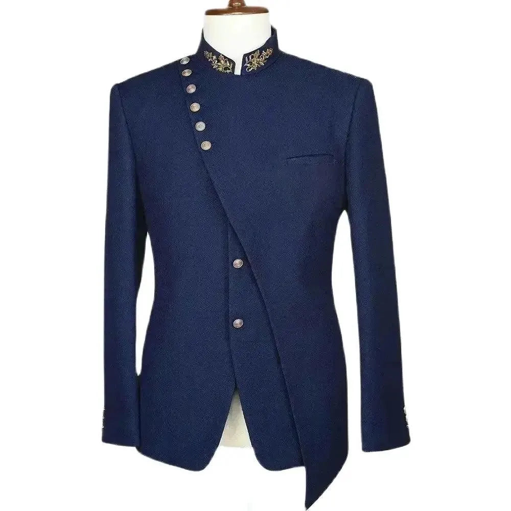 Blazer Men's Suits Navy Blue Costume Hombre Jacket One Piece Stand Collar Elegant Formal Occasion Regular Length Slim Fit same as image