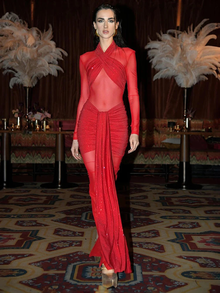 VC Bright Red Ruched Long Dress Diamonds Embellished Long Sleeve Mesh Patchwork Draped Celebrity Evening Party Gown