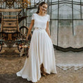 Customized Bohemian Wedding Dresses Two Pieces Lace Top with Sleeve Bridal Gown Jewel Neck Beach Wedding Gown Vestidos De Novia Ivory