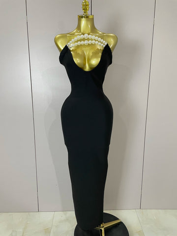 Sexy Backless Strapless Black Beading Long Bandage Bodycon Dress  Women Celebrity Elegant Evening Luxury Birthday Dresses