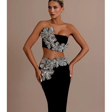 2024 Luxury Dazzling Diamond Flowers Short Strapless Top And Ankle Length Skirt 2 Pieces Woman Set Celebrity Party Vestido