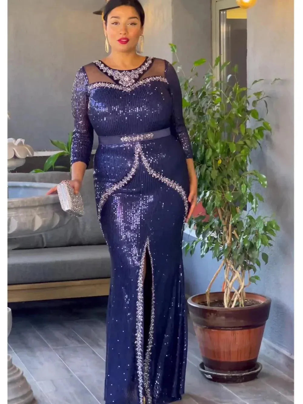Plus Size African Party Dresses for Women Dashiki Ankara Sequin Wedding Evening Gown Sexy Bodycon Maxi Robe Africa Clothing 2023 Navy Blue