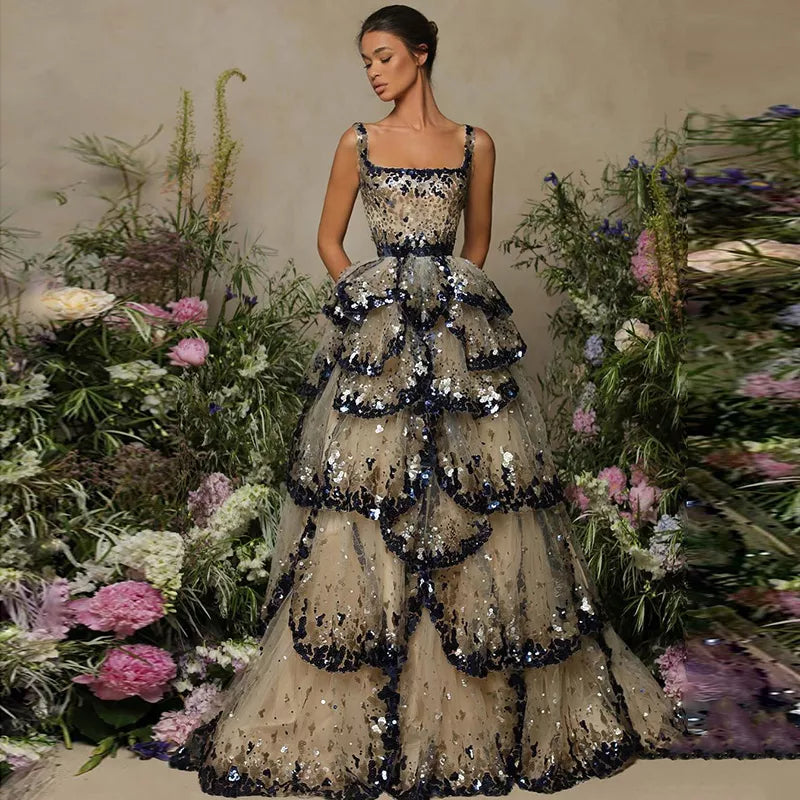 Luxury Dubai Evening Dresses Sparkly Sequin Tiered Ruffles Elegant Women Wedding Party Formal Gowns