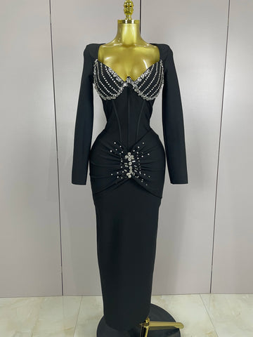 Sexy Luxury Sparkly Beading Bandage Long Sleeve Bodycon Dress   2025 New Women Celebrity Party Elegant Evening Club Pary Dresses
