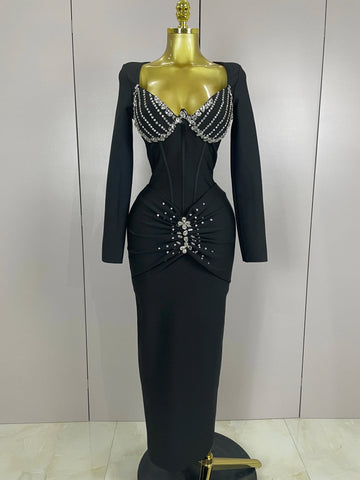 Sexy Luxury Sparkly Beading Bandage Long Sleeve Bodycon Dress    New Women Celebrity Party Elegant Evening Club Pary Dresses