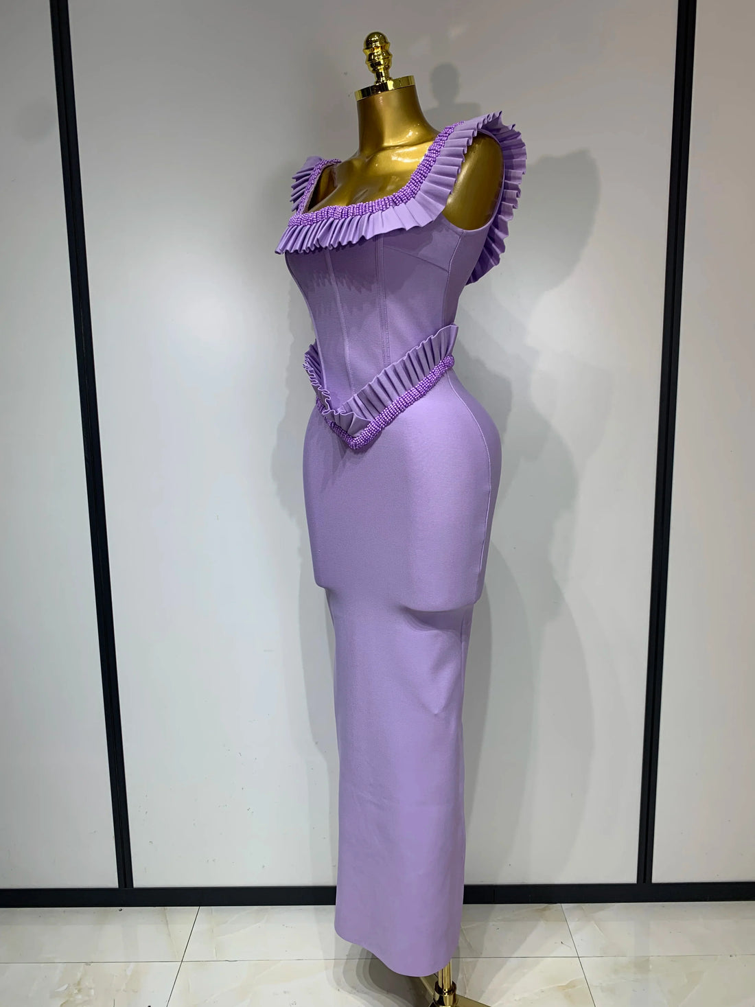 Women Sexy Square Collar Ruffles Beading Long Bodycon Bandage Dress 2025 Celebrity Elegant Evening Club Party Birthday Dress