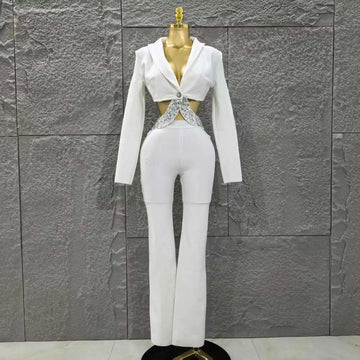 Black White Women Long Sleeve Sexy V-Neck Shinning Crystal 2 Pieces Bodycon Bandage Set Celebrate Evening Party Women's Set