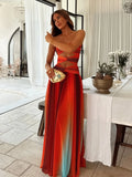 Tie-dye Gradient Hollow Out Women's Maxi Dress Elegant Off Shoulder A-line Hem Long Dresses New Summer 2025 Holiday Female Robes