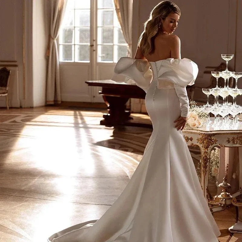 Sexy Mermaid Wedding Dresses Ruched Sweetheart Satin Bridal Gowns Boho Beach Sweep Train Puff Sleeve Bride Dress Custom Size 14W Boho Mermaid