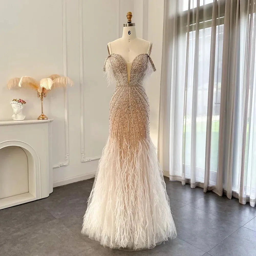 Luxury Feathers White Nude Prom Evening Dresses Elegant Burgundy Long Navy Blue Wedding Formal Party Gown White Nude Evening Dress