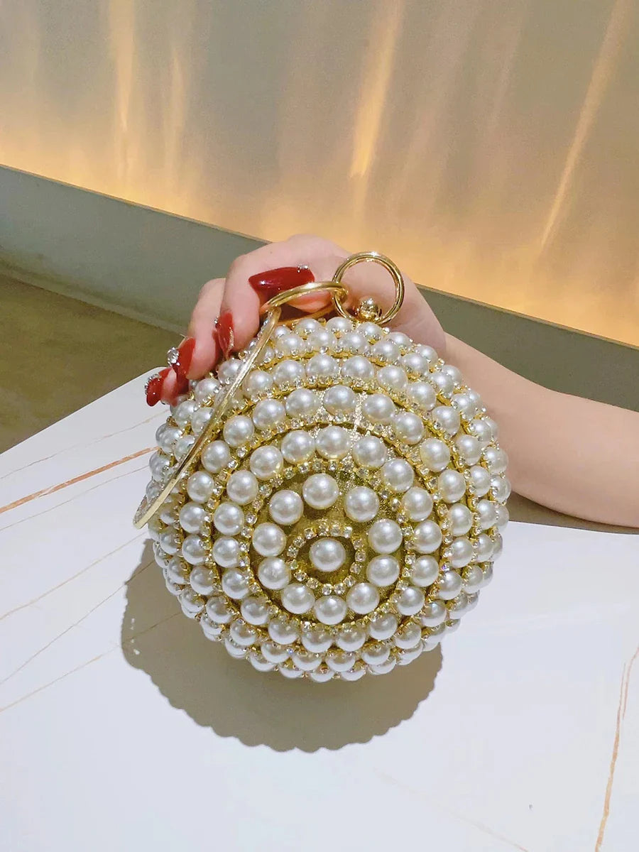 Round Pearl Clutch Purse Mini Handbag Luxury Elegant Evening Bag Ring Handle For Women Bride Bridesmaid Wedding Party Handbag