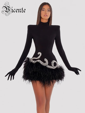 VC Chic And Elegant Dress Women Party Wear Long Sleeve With Gloves Luxury Crystal Design Velvet Mini Feather Dress