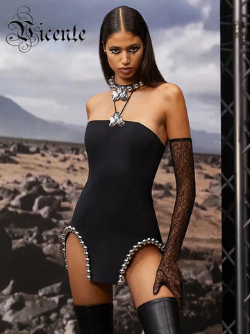 VC Sexy Strapless Balck Mini Dress Women Chic Rivet Design Bodycon Bandage Night Club Party Dress