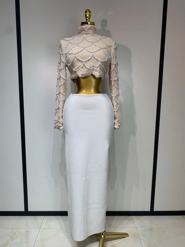 Women Long Sleeve Sexy Beading Tops Two Pieces Set Bodycon Long Bandage Dress Luxury Birthday Evening Party Wedding Guest Gowns