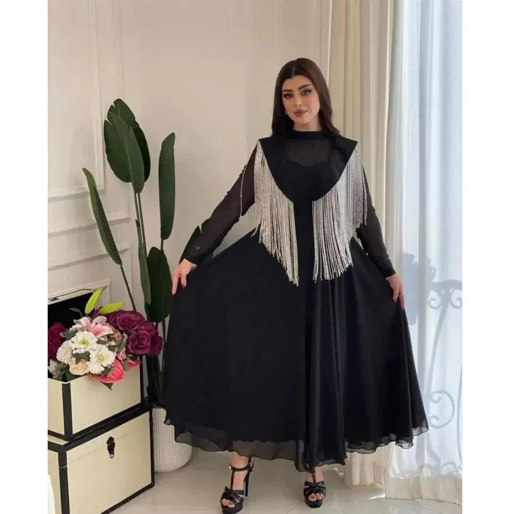 Ramadan Long Dress Moroccan Caftan Women's Spring Summer Big Swing Sexy High Waist Tassel Splice Chiffon Evening Dress