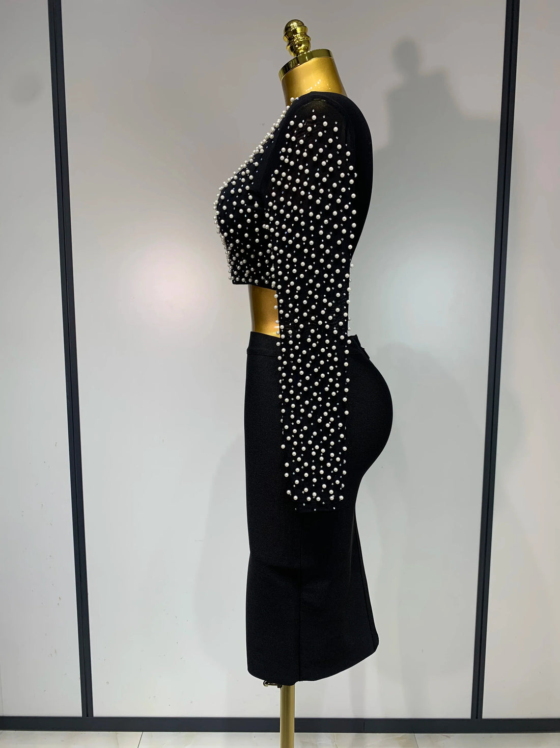 Women Sexy Long Sleeve Mesh Pearl Black Top Celebrity Midi Women Bandage Set  Designer Evening Party Birthday Two Piece Set