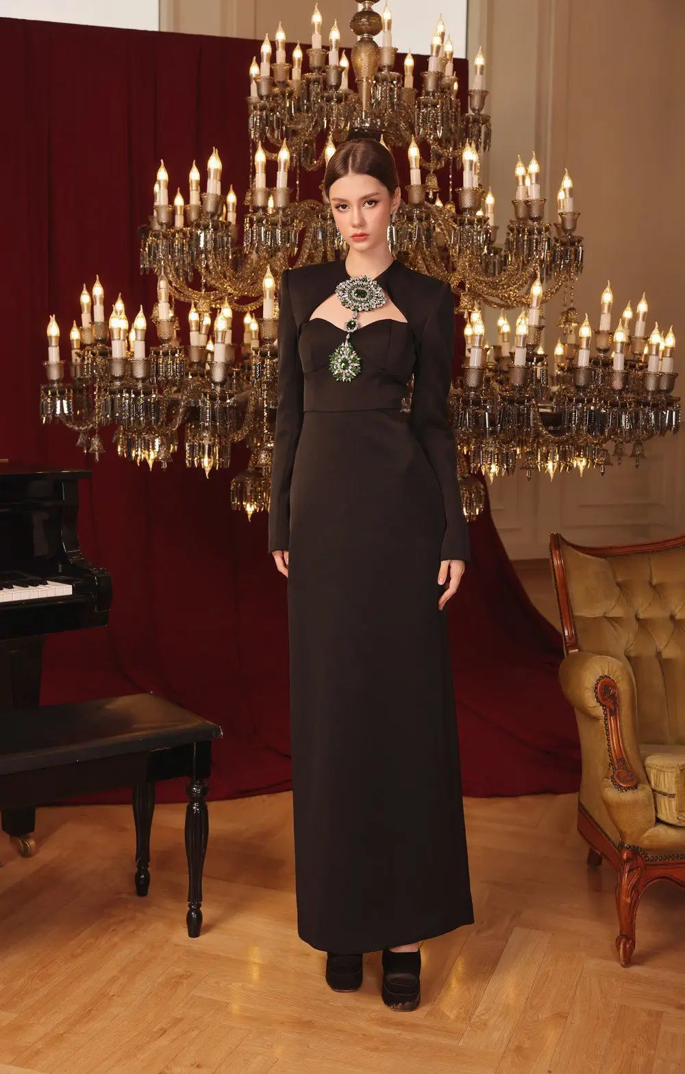 Women Long Sleeve Shinning Crystal Keyholes Bodycon Bandage Long Dress Elegant Evening Party Celebrate Outfit