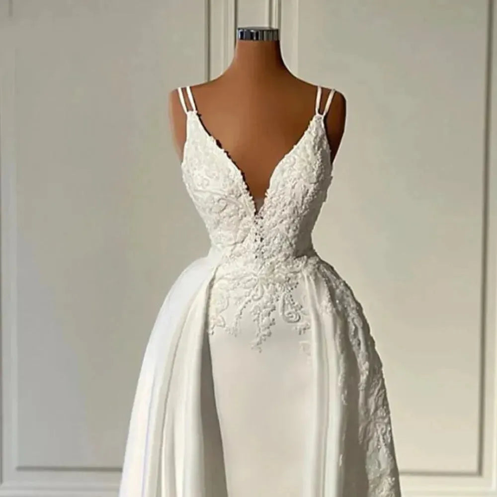 Elegant V Neck Mermaid Satin Wedding Dresses Sleeveless Floor Length Beaded Bridal Gowns with Detachable Train wedding dress 50cm Satin