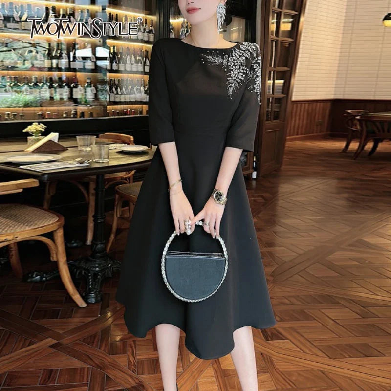 Solid Slimming Elegant Dresses for Women Slash Neck Half Sleeves Patchwork Bead Temperament Dress Female Clothing