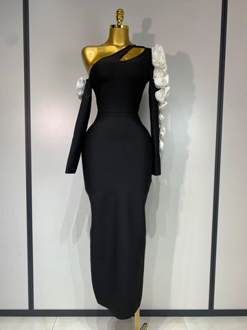 Women Sexy One Shoulder Cut Out Flower Maxi Long Bodycon Bandage Dress Celebrity Elegant Evening Club Birthday Party Dresses