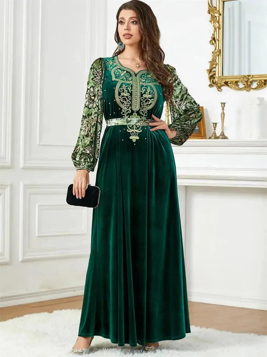 Siakakia Muslim Ramadan Eid Autumn Winter Velvet Beading Embroidery Floral Lantern Sleeve V-Neck Jalabiyat Moroccan Belted Abaya