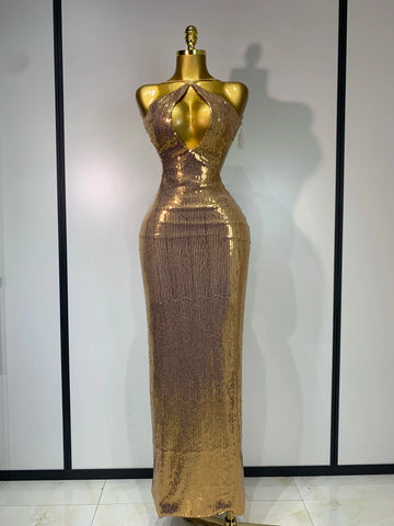 Luxury Sexy Backless Halter Gold Glitter Sequins Maxi Long Dress Elegant Sparkly Evening Party Club Dress Wedding Guest Gown