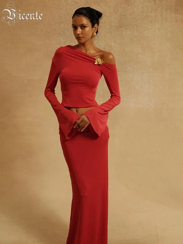 VC Chic One-Shoulder Crop Top and Maxi Skirt Ensemble with Floral Accents for a Special Occasion Evening Gown