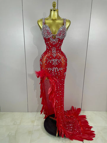New Exquisite Feather Red Evening Dress Women Sparkle Rhinestones Sexy High Slit Birthday Celebrate Stage Photoshoot Costume