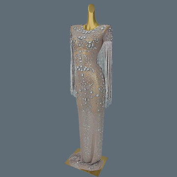 Women's Sparkly Crystals Tassel Ball Dress Sexy See Through Mesh Luxury Evening Gown Birthday Prom Queen Chic Maxi Dress Hualan