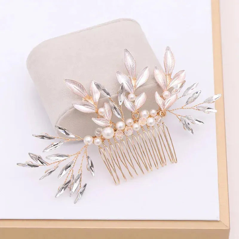 Crystal Pearl Leaf Hair Comb Clip Hairpin Headband For Women Bride Rhinestone Bridal Wedding Hair Accessories Jewelry Comb Pin