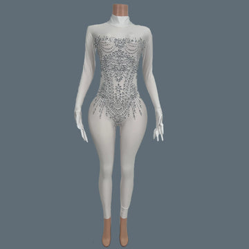 Sexy Women Long Sleeve Rhinestone Jumpsuit Gloves Festival Celebrate Party Outfit Club Stage Show Tight Fitting Jumpsuit Zhubao