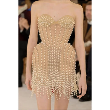 Exquisite Pearl Beading Strapless Khaki Color Bandage Mini Dress Fashion Woman Birthday Party Vestido Evening Party Outfit