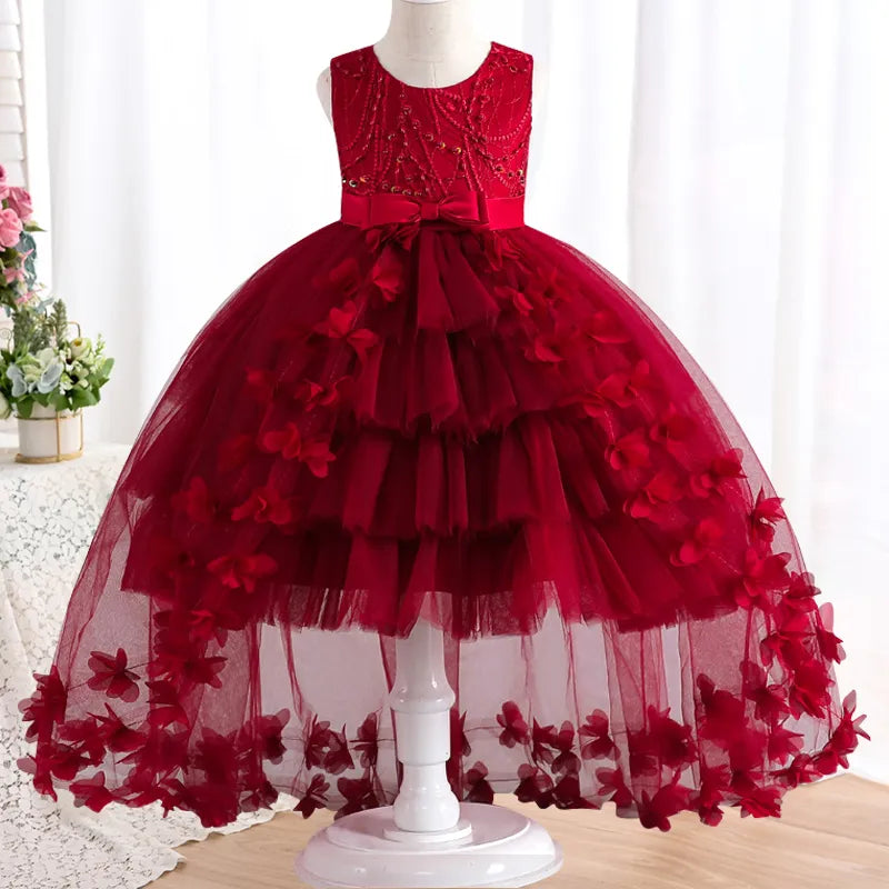 Girls' lace bow dress 4-12 years old temperament flower sequin trailing princess dress 2023 new carnival party formal dress
