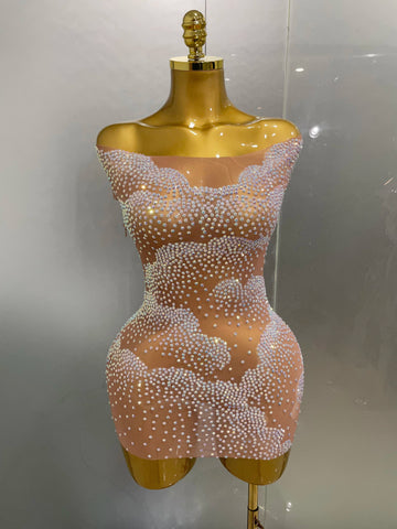 Sexy Sparkle Rhinestone Transparent Stretch Mini Dress  New Women Evening Birthday Party Club Stage Performance Costume