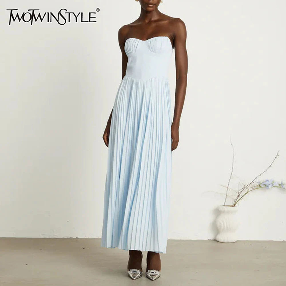 Solid Slimming Elegant Midi Dresses for Women Strapless Sleeveless Patchwork Fold Dress Female Temperament Clothing