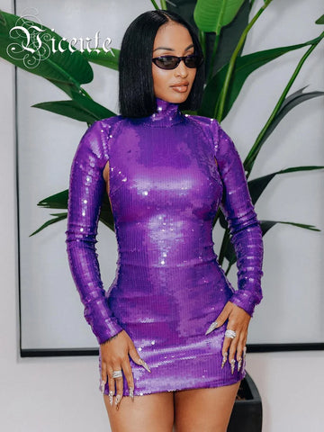 VC Backless Sexy Dress For Women Evening Party Gown Purple Sequins Sparkle Long Sleeves Slim Mini Dress