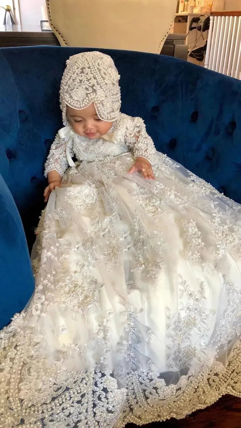 Baby Infant Girls Christening Gowns With Lace Applique Baptism Dress 3m-24m Flower Girl Baptism