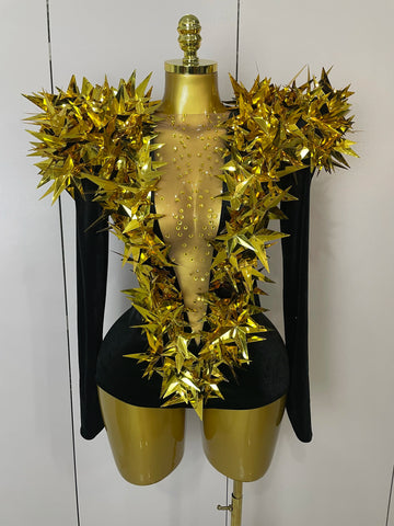 Shiny Gold Rhinestone Black Velvet Long Sleeve Bodysuit 2025 Women Evening Party Club Gala Hosts NightClub Bar Stage Costumes