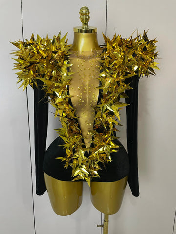 Shiny Gold Rhinestone Black Velvet Long Sleeve Bodysuit  Women Evening Party Club Gala Hosts NightClub Bar Stage Costumes