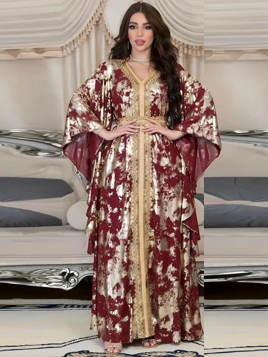 Luxurious Women's Jalabiyat Moroccan Kaftan Abaya Dubai Print V-Neck Guipure Lace Tape Belted Dress Islamic Dresses For Women