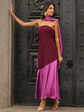 2025 Chic Purple Shawl Collar Off Shoulder Maxi Dress Fashion Contrast Spliced Pleated Hem Backless Robe Lady New Party Dresses Picture color