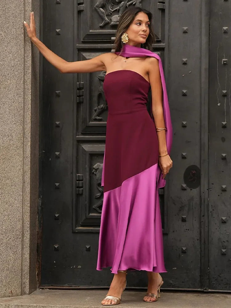 2025 Chic Purple Shawl Collar Off Shoulder Maxi Dress Fashion Contrast Spliced Pleated Hem Backless Robe Lady New Party Dresses Picture color