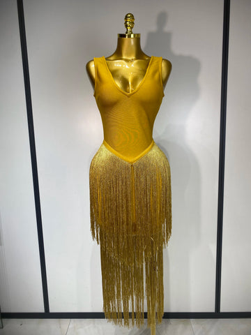 Sexy V Neck Yellow Tassels Women 2025 Prom Dress Sheath Sleeveless Party Gown Elegant Formal Luxury Birthday Club Dresses