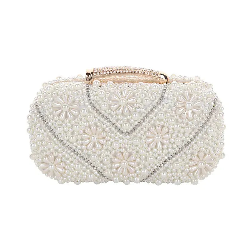 Light Luxury Dinner Bag Handmade Pearl Embroidery Bag with Diamond Handheld Bag Metal Chain Single Shoulder Bag Evening Dress 1124beige