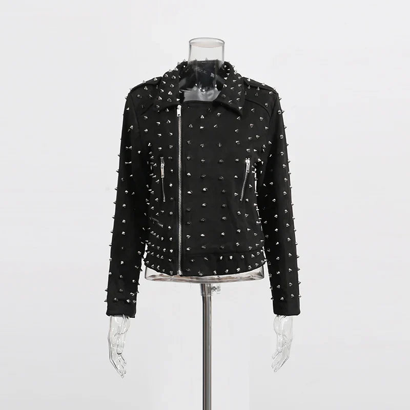 Solid Spliced Zippers Casual Jackets for Women Lapel Lomg Sleeves Patchwork Rivets Luxurious Jacket Femlae Fashion