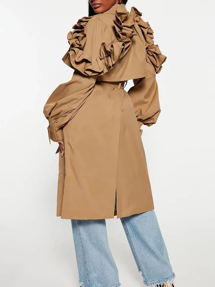 Casual Spliced Ruffles Trenches For Women Lapel Long Sleeve Patchwork Belt Vintage High Street Trench Female Style
