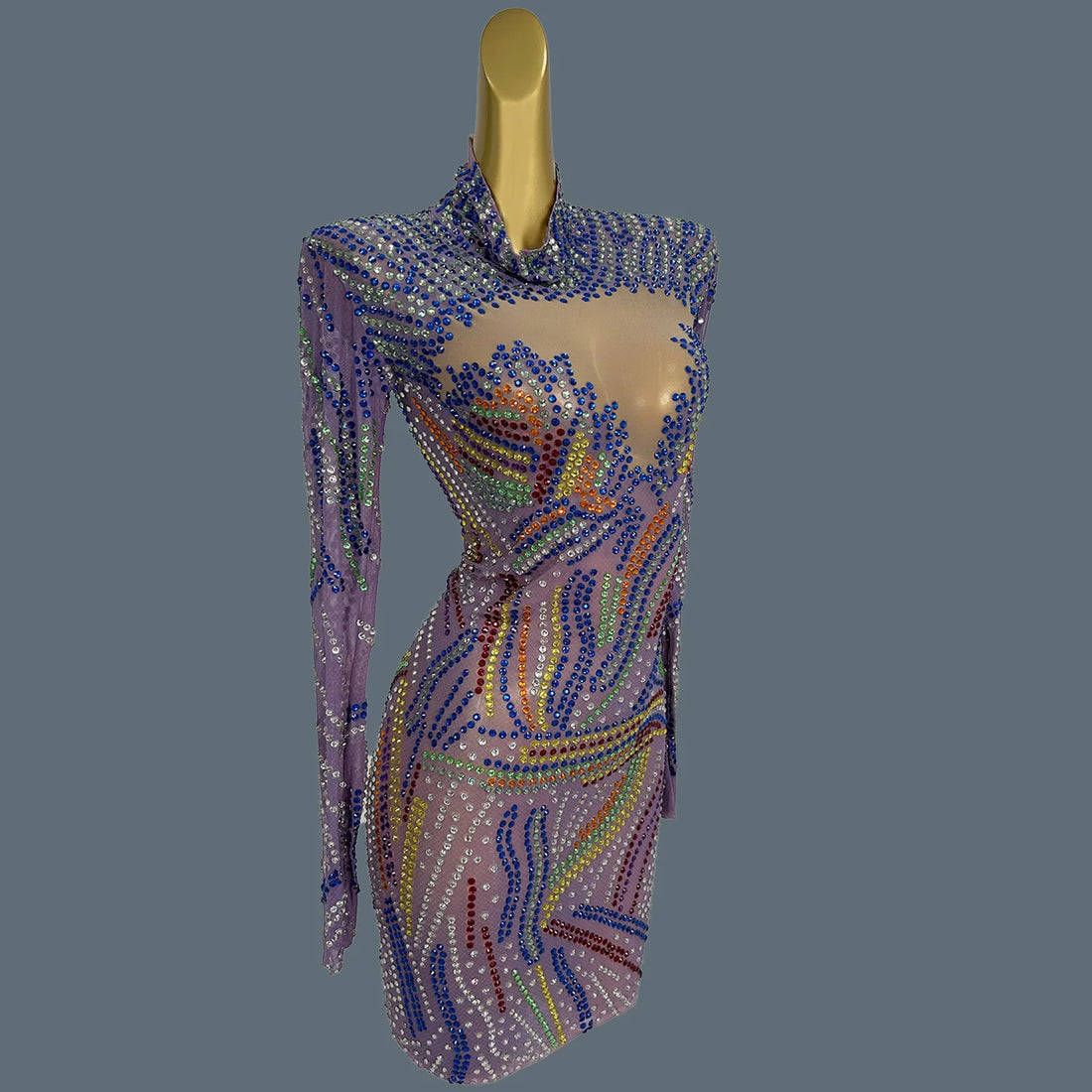 Sparkly Multicolour Rhinestone Mini Dress Sexy Women See Through Mesh Event Short Dress Birthday Party Photo Shoot Wear Malanhui