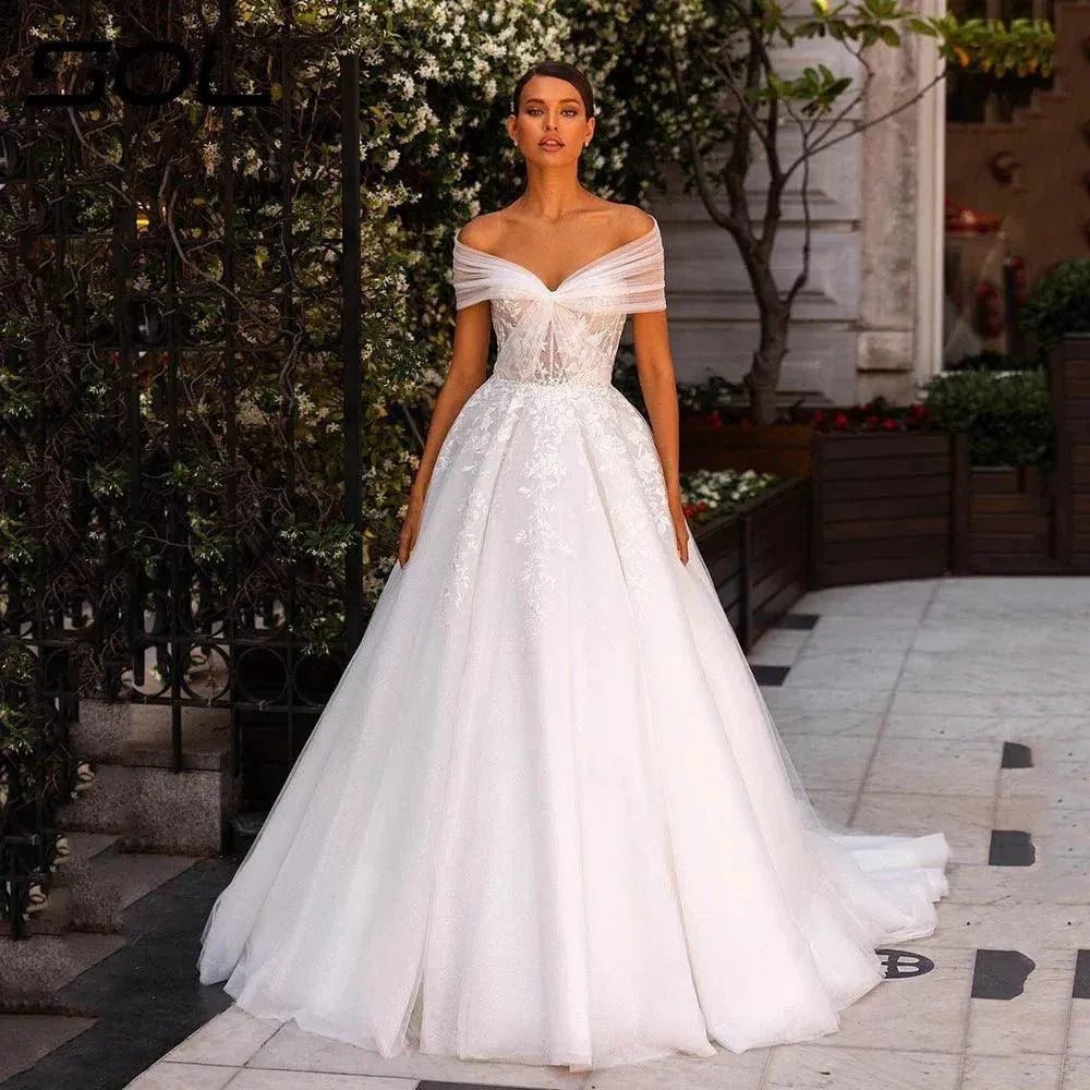 The Shoulder Tulle Lace Appliques Wedding Dress For Bride Lace Up Simple Bridal Gown High Slit Vestido De Novia Ivory